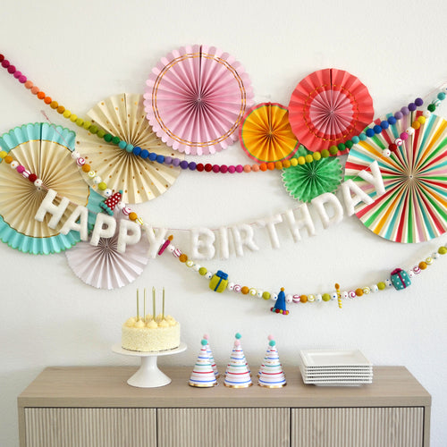 Happy Birthday Garland, Hat Gift & Candle Garland or Rainbow Ombré Felt Ball Garland