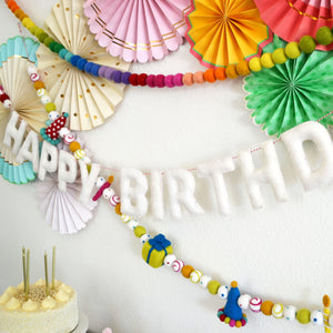 Happy Birthday Garland, Hat Gift & Candle Garland or Rainbow Ombré Felt Ball Garland