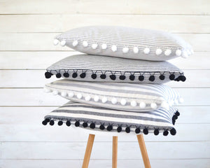 Gray and White Striped Pillow Cover with Large White Pom Pom Trim