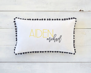 Personalized Embroidered Pillow Cover with Dark Gray Pom Pom Trim
