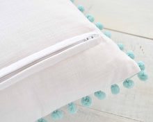Personalized Embroidered Pillow Cover with Aqua Pom Pom Trim