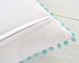 Personalized Embroidered Pillow Cover with Aqua Pom Pom Trim