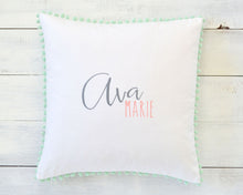 Personalized Embroidered Pillow Cover with Mint Pom Pom Trim