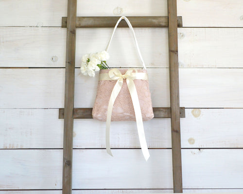 Flower Girl Bag - Blush Lace with Ivory Bow