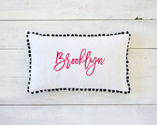 Personalized Embroidered Pillow Cover with Black Pom Pom Trim