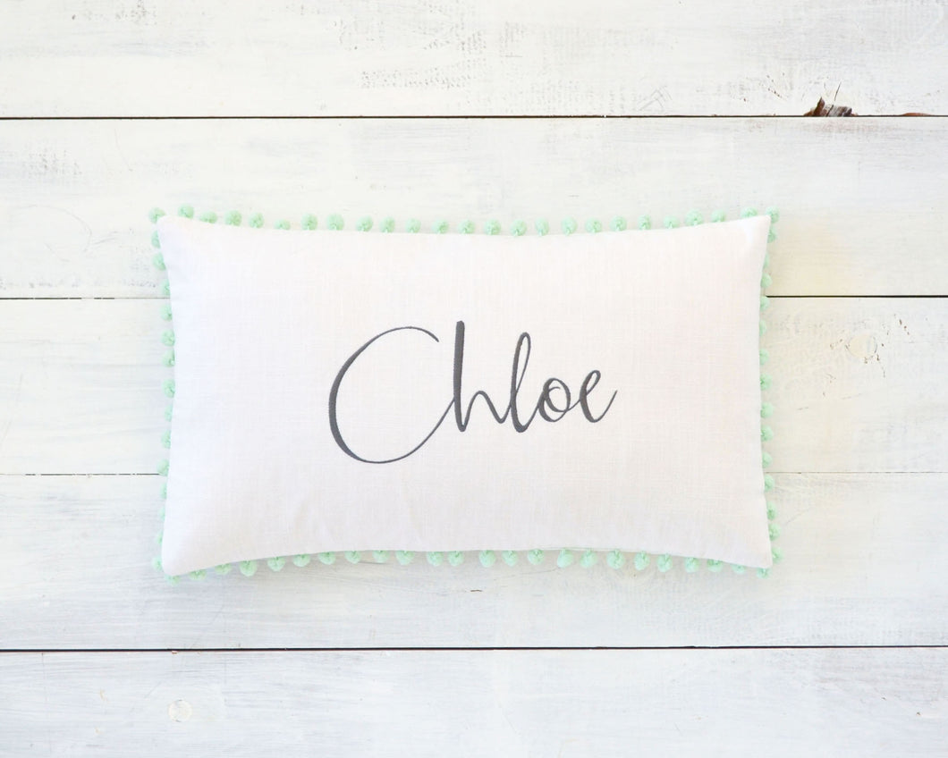 Personalized Embroidered Pillow Cover with Mint Pom Pom Trim