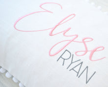 Personalized Embroidered Pillow Cover with White Pom Pom Trim