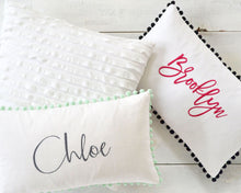 Personalized Embroidered Pillow Cover with Navy Pom Pom Trim