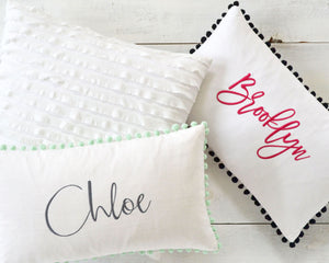 Personalized Embroidered Pillow Cover with Dark Gray Pom Pom Trim