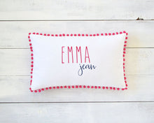 Personalized Embroidered Pillow Cover with Magenta Pom Pom Trim
