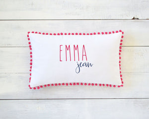 Personalized Embroidered Pillow Cover with Magenta Pom Pom Trim