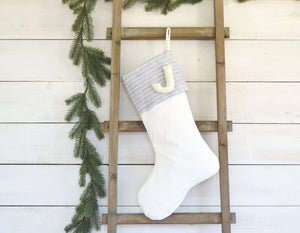 CHRISTMAS STOCKING  - Gray & White Linen Pinstripe and Velvet