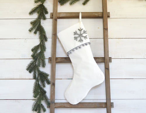 CHRISTMAS STOCKING  - Gray Pom Pom Trim and Velvet