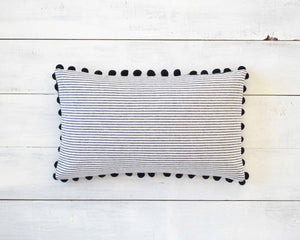 Black and White Pinstripe Pillow Cover with Large Black Pom Pom Trim