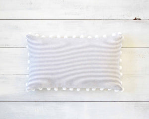 Gray and White Pinstripe Pillow Cover with Large White Pom Pom Trim