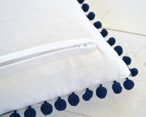 Personalized Embroidered Pillow Cover with Navy Pom Pom Trim