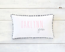 Personalized Embroidered Pillow Cover with Light Gray Pom Pom Trim
