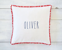 Personalized Embroidered Pillow Cover with Red Pom Pom Trim