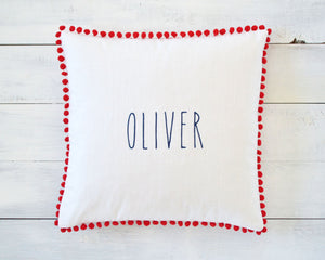 Personalized Embroidered Pillow Cover with Red Pom Pom Trim