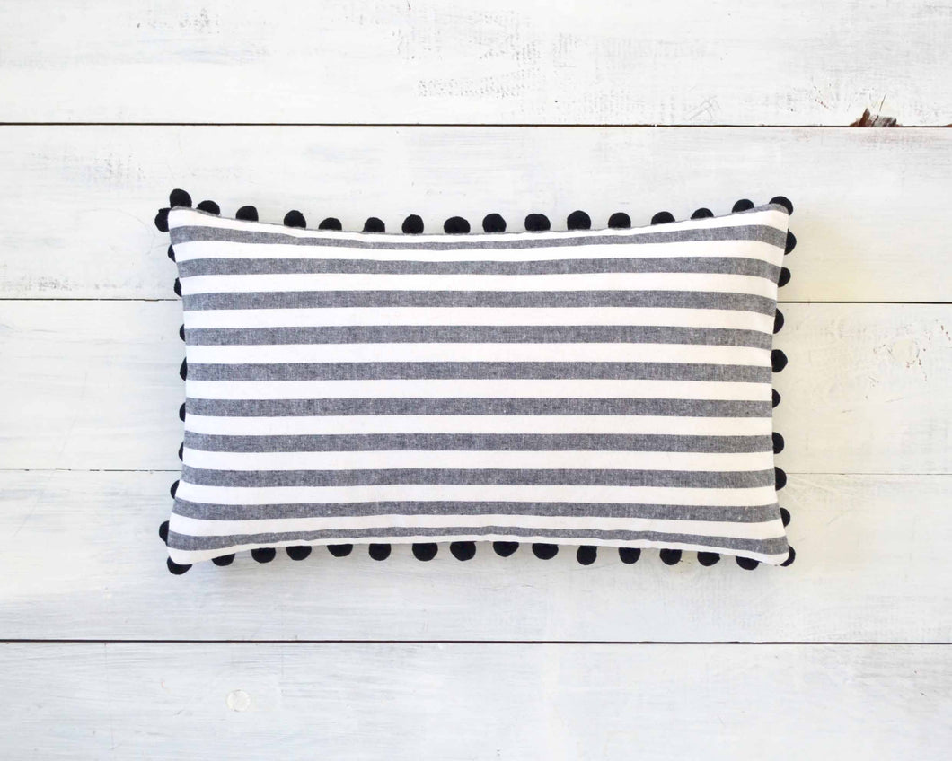 Black and White Striped Pillow Cover with Large Black Pom Pom Trim