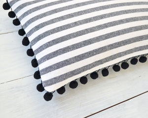 Black and White Striped Pillow Cover with Large Black Pom Pom Trim