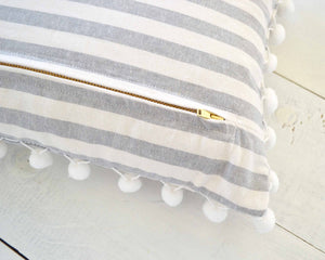 Gray and White Striped Pillow Cover with Large White Pom Pom Trim